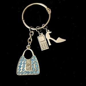 Embellished Keychain Silver w/Blue Stones Handbag, Shoe, & Cell Charms